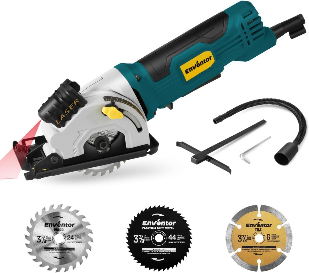 Enventor Mini Circular Saw, 4.8A Electric Circular Saws Corded with Laser Guide, 4000RPM, 3 Saw Blades 3-3/8" Max Cutting Depth 1-1/16", Compact, Power for Wood, Soft Metal, Tile, Plastic