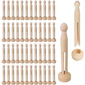 Winlyn 50 Sets Unfinished Wood Doll Pins Doll Clothespins Wooden Round Peg Wood Clothespins and Stands Craft Supplies for DIY Art Painting Projects Doll Ornaments Rustic Country Embellishments