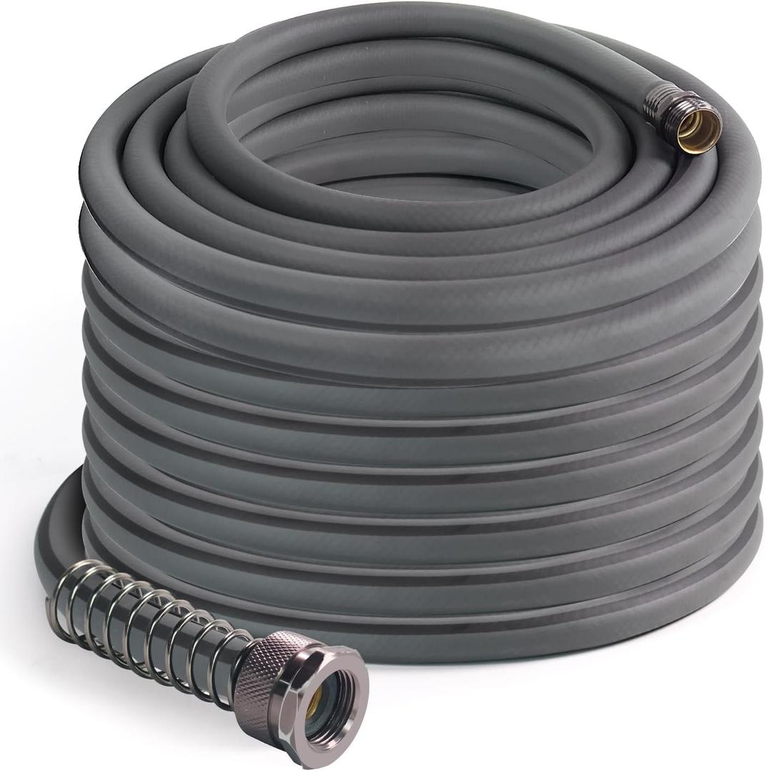 5/8’’ Heavy Duty Garden Hose 100 ft – Outdoor Hybird Water Hose with Solid Fitting - Flexible, Kinkless, Lightweight Garden Hose for Lawn Watering, Car Washing - Burst 500 Psi (Grey,150 ft)