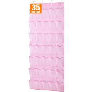 MISSLO 35 Large Pockets Over The Door Shoe Organizer Sturdy Oxford Fabric Hanging Shoe Rack for Door Mesh Closet Shoe Holder Hanger, Pink (24.5x68.5)