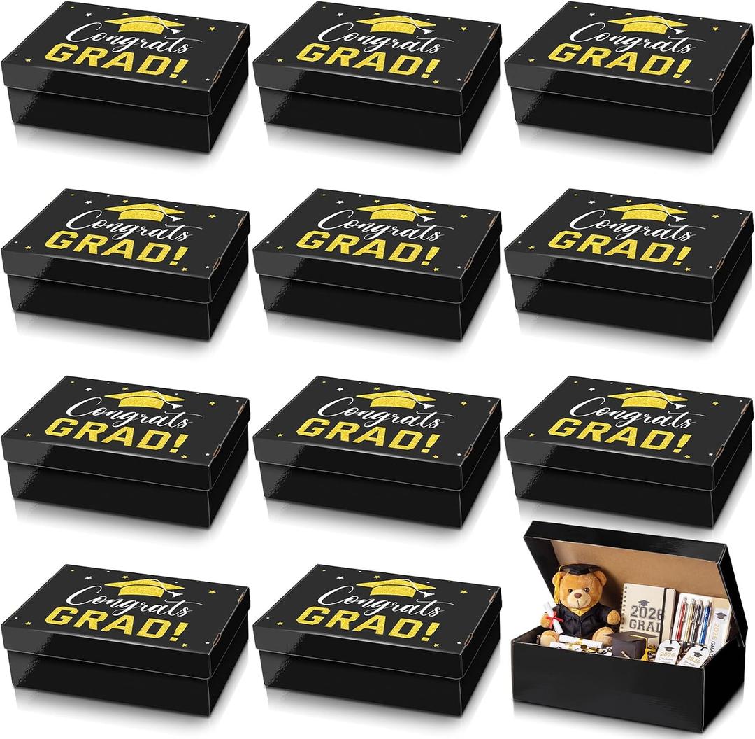 Eersida 12 Pack Graduation Cap Gift Boxes 2026, 14 x 9 x 4 Inch Large Corrugated Keepsake Box Congrats Grad Candy Card Storage High School College Graduation Party Favors Gift for Girls Boy (Black)