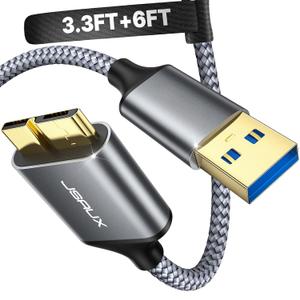 JSAUX Micro USB 3.0 Cable [2 Pack, 3.3ft+6.6ft], USB 3.0 A to Micro B Cord External Hard Drive Cable Nylon Braided for Samsung S5/Note 3/Pro 12.2, Camera, Western Digital, Toshiba, My Passport-Grey