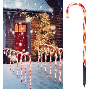 Joiedomi 12 Pcs Christmas Candy Cane Pathway Markers Lights, 16 Stakes Lights With Warm White, Waterproof Outdoor Decorations for Xmas Indoor And Outdoor Decorations Yard, Walkway, Lawn, Garden