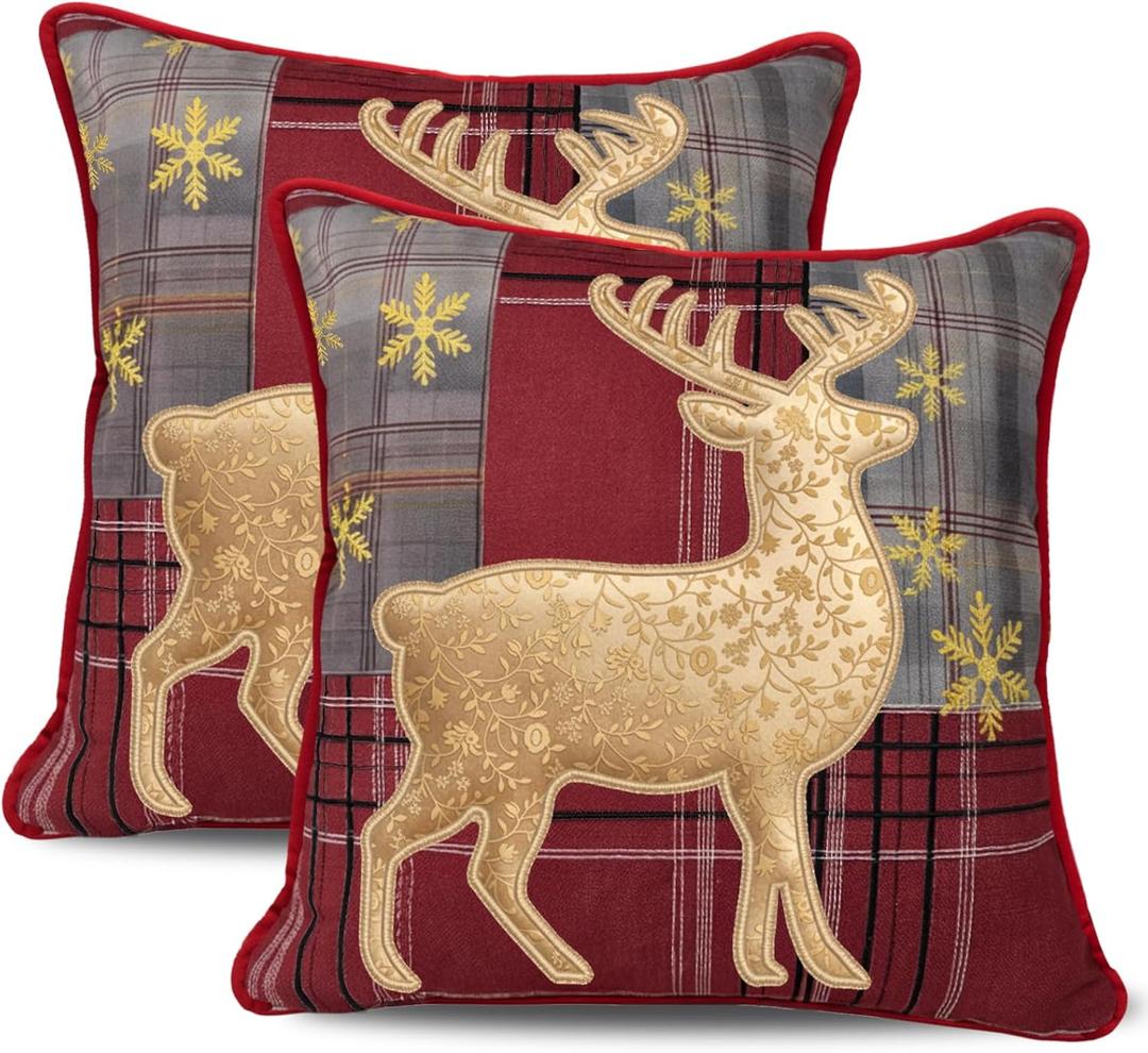 Christmas Reindeer Throw Pillow Covers 18x18 Set of 2, Red Plaid Embroidered Deer Cushion Covers, Rustic Farmhouse Holiday Decorative Tartan Pillow Cases for Sofa Couch Bedroom Home Decor