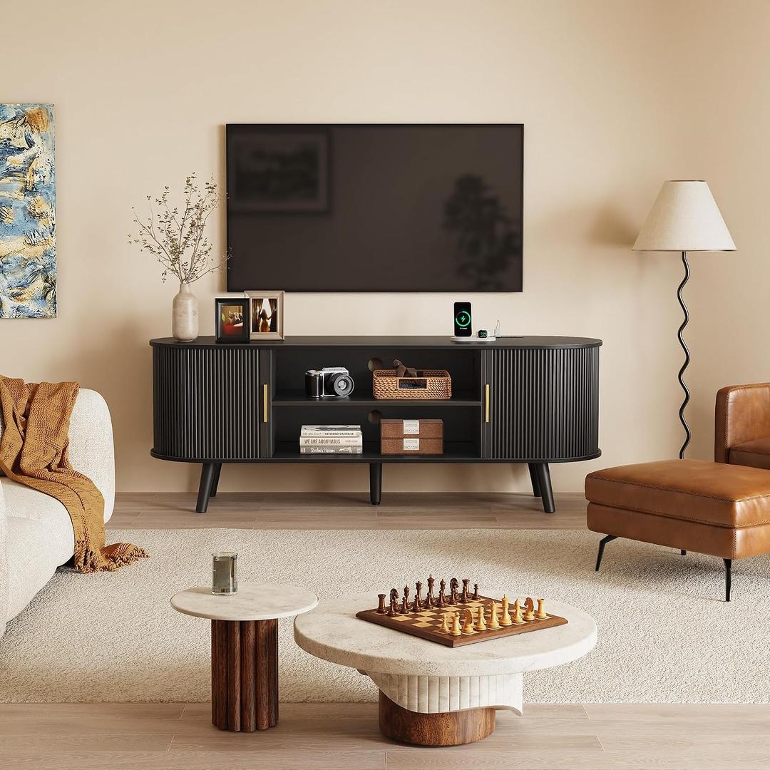 PRAISUN 54 Inch Fluted TV Stand for TVs up to 55 Inch, TV Media Console with Power Outlets and USB-C Port, Entertainment Center with Storage, Curved Sliding Doors, Adjustable Shelf, Black, 53.9 Inch