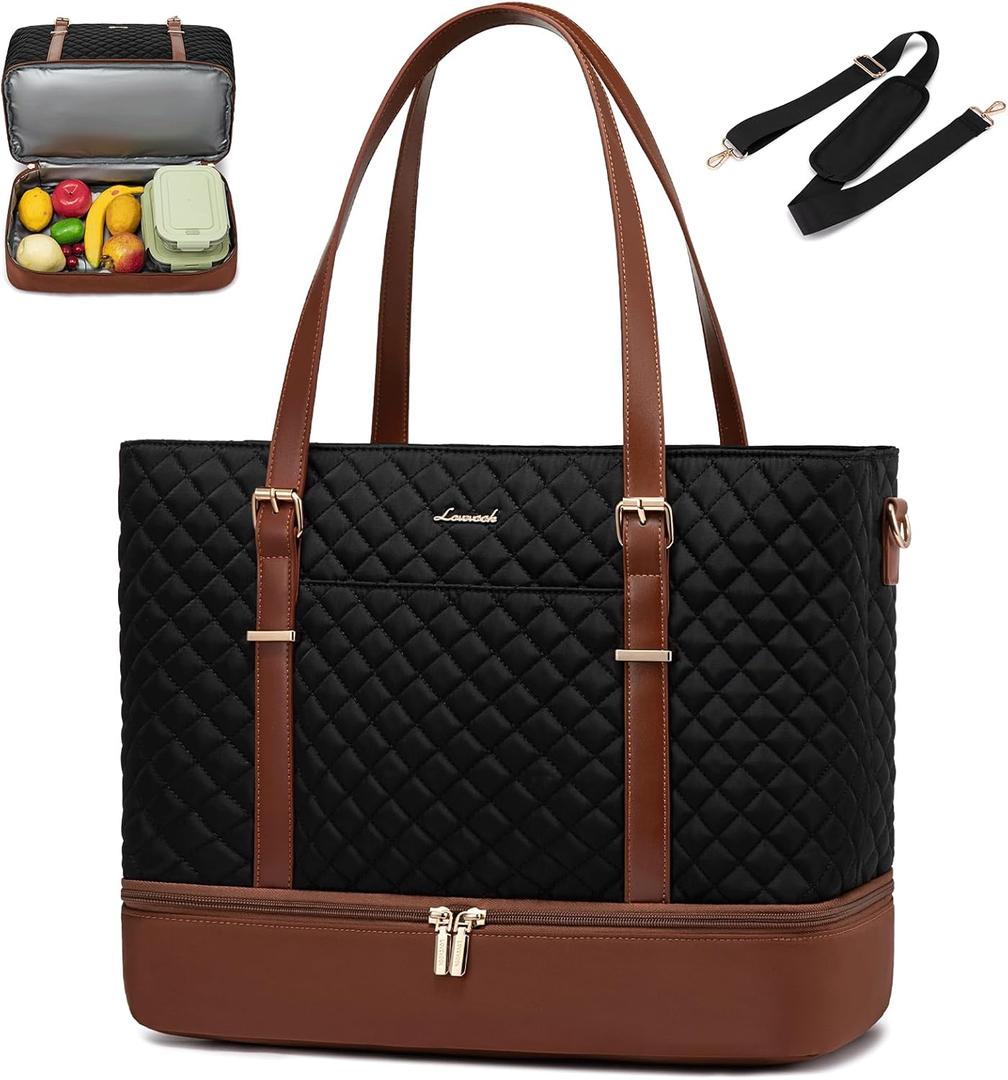 LOVEVOOK Lunch Tote Bag for Women, 15.6 Inch Laptop Work Bag With Lunch Compartment & Large Cup Holder, Lightweight Work Briefcase for Travel, Bussiness, Teacher (Brown-black)