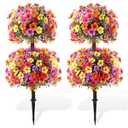 Daifunli 28 Inch Set of 2 Artificial Flowers Topiary Tree Double Ball Boxwood with Spikes for Outdoor UV Resistant Faux Shrubs, Realistic Fake Bushes for Garden Front Porch Patio Decor (Colorful)