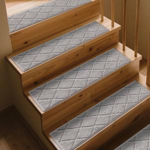 CELION Edged Non-Slip Stair Treads for Wooden Steps (30x8 Inches), 13mm Thick Tufted Carpet Mats, Indoor Stair Runners for Pets & Kids, 100% Polyester TPR Backing No Residue (Grey, 12pc)