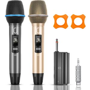 Wireless Microphones for Karaoke: Dual Professional Karaoke Microphone for Singing, Rechargeable Dynamic UHF Mic System with Receiver for Church, Party, Meeting, Speech, PA System, Plug and Play (Grey & Gold)