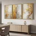 Large Framed Gold Abstract Wall Art for Living Room, 3 Piece Canvas Prints, 24" W x 36" H x 3Pcs