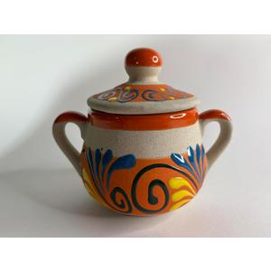 Handcrafted Ceramic Sugar Bowl with Lid, Double Handle, Decorative Floral Pattern, Orange and Blue