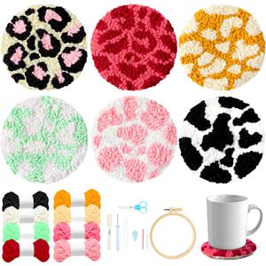 WATINC Spotted Punch Needle Coaster Kit - 22Pcs Crafts Punch Needle Coasters Kits for Beginners, 6 Colors Spotted Coaster Tufted Rug Pads with Adhesive Felt Yarns Embroidery Hoop Instruction
