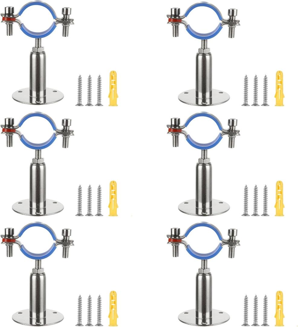 6 Pack 304 Stainless Steel Wall Mount Ceiling Mount Pipe Supports Bracket, Adjustable Pipe Strap Clamp with Screws for OD Pipe 1-1/2 Inch (32-35mm), Adjustable Height 100-150mm