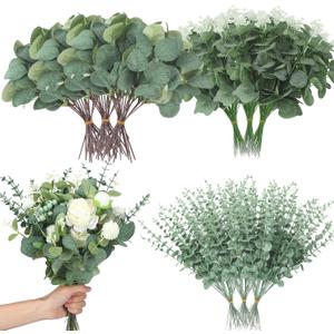 Giegxin 1000 Pcs 3 Kinds Mixed Artificial Eucalyptus Leaves Stems Bulk Silver Dollar Leaves Picks Dried Eucalyptus Bundle Faux Spray for Wedding Vase Bouquet Floral Arrangement (Green)