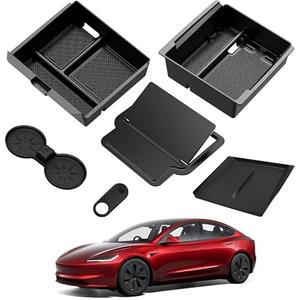 YPHUIKI 6PCS Upgraded Center Console Organizer for Tesla Model 3 Highland 2024 2025 & Model Y Juniper 2025 Accessories [Smooth Sliding] Armrest Tray Hidden Storage Box Cup Holder Webcam Cover