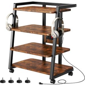 Mobile AV Media Stand with Outlets and 4 Rolling Caster Wheels, 4-Tier Rolling TV Stand for Gaming Console, Stereo, DVD Player, Sturdy Metal Frame, Versatile Living Room,Bedroom (Retro Brown)