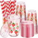 LemonRoad 50 Sets Pink Strawberry Clear Plastic Cups with Lids & Straws 16 oz Party Tumblers for Iced Coffee, Smoothies, Juice & More Cute Disposable Pet Mugs for Birthdays & Gatherings
