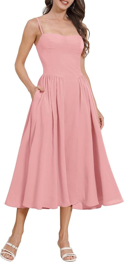 ODIZLI Womens Corset Dress Summer Sundress Spaghetti Straps Low Cut Bustier Cami Midi Dress with Pockets Solid/Floral Print (Pink, S)
