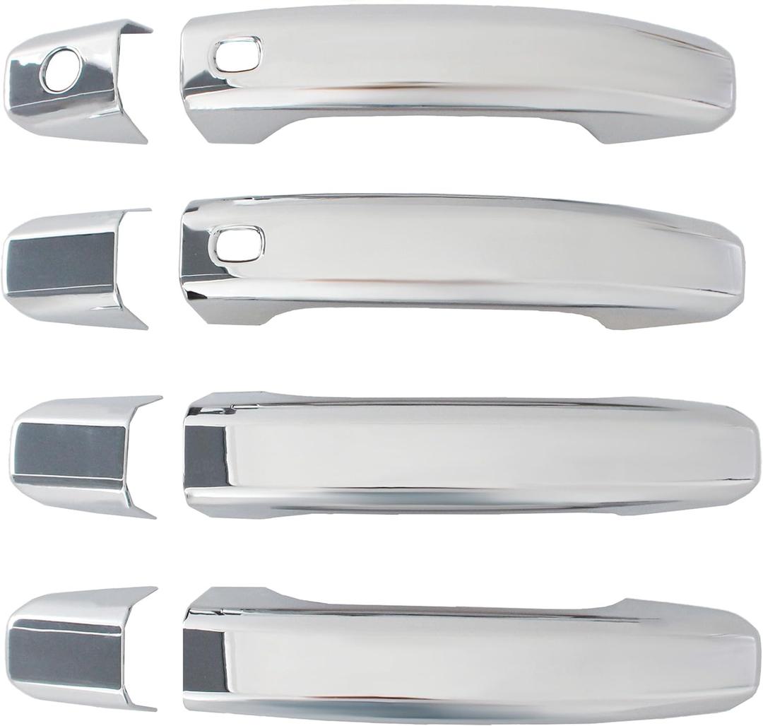 Chrome Door Handle Cover Stick-on Trim with 2 Smart Keyhole Button Fit 2019-2025 for Chevy Chevrolet Silverado GMC Sierra 1500 2500HD 3500HD,Car Exterior Door Handle Covers Caps Protector W/ 2 Holes