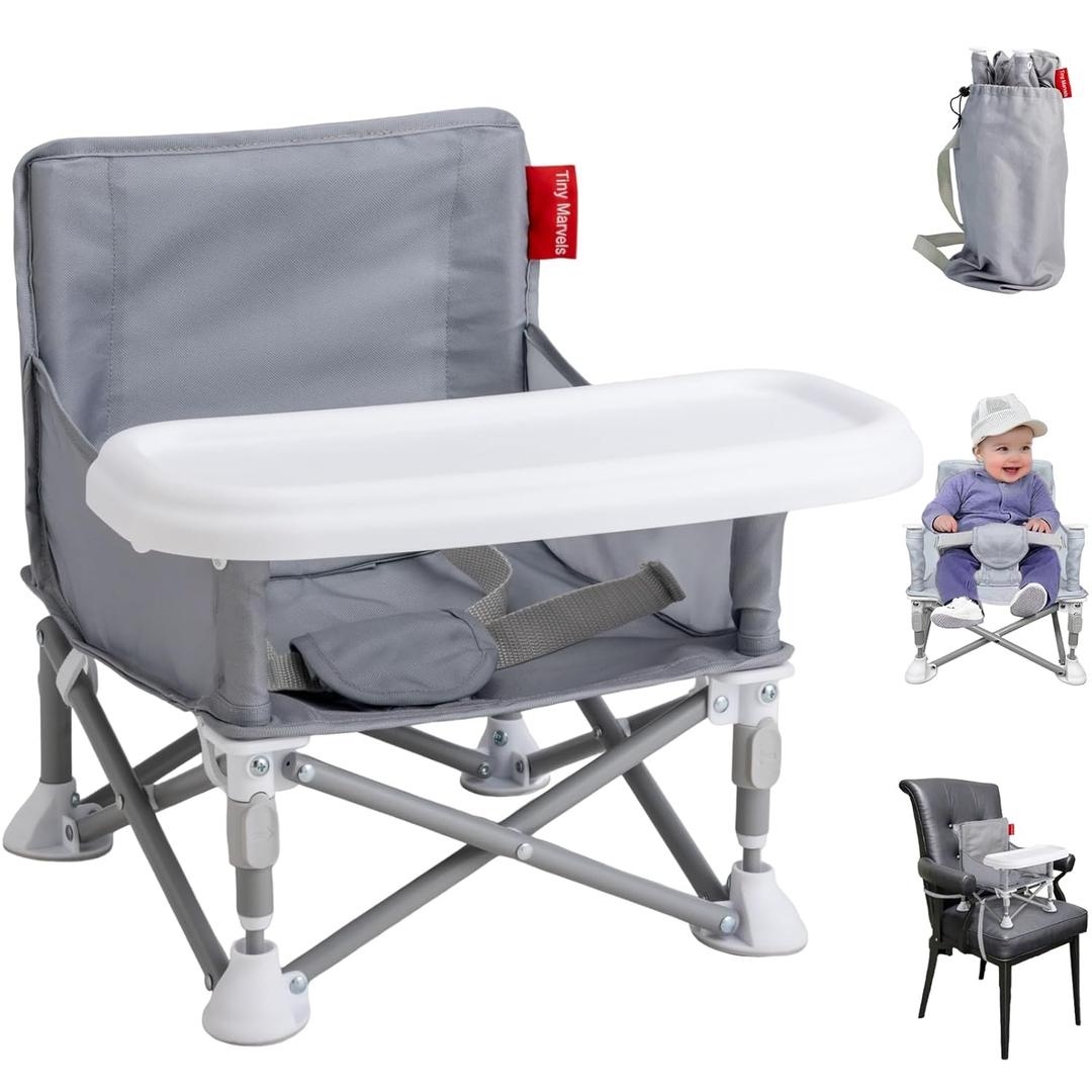 Tiny Marvels Portable Booster Seat, Foldable Baby High Chair with Removable Tray, Safety Harness & Carry Bag  for Toddlers Ages 6M-3Y, Ideal for Dining, Travel, Camping & Family Time (Grey)