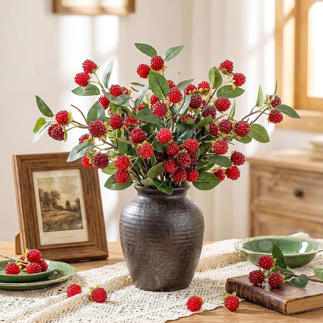 XunYee 10 Pack Dark Red Artificial Raspberry Plant Stems 15'' Faux Raspberries Branches Fake Simulated Berry Bouquet Picks for Vase Filler Indoor Home Farmhouse Table Centerpieces Decor