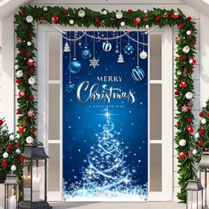 Irenare Christmas Decorations Merry Christmas Door Cover Xmas Background Banner Xmas Door Hanging Covers Photo Props for Winter Party Decorations Supplies, 70.9 x 35.4 Inch(Blue)