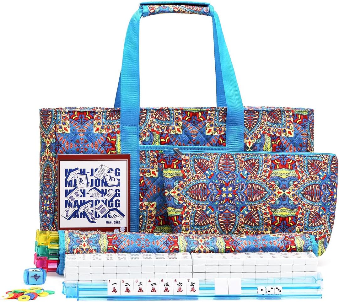 American Mahjong Tile Set with Blue Printed Carrying Bag, 166 Premium White Tiles, 4 All-in-One Color Racks/Pushers, Mah Jongg Sets, Complete Mahjong Game Set for Travel