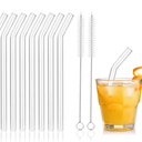 [8 Pcs] Reusable Short Bent Glass Straws - 6" x 10 mm Clear Glass Straws Shatter Resistant Cocktail Straw With 2 Cleaning Brushes for Whiskey,Coffee,Juice,Soda Drinks