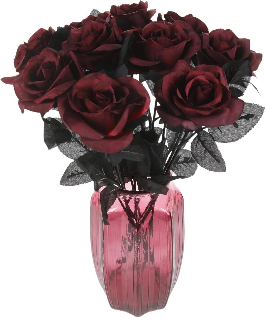 Tinsow 10 Pcs Artificial Roses Bouquet Faux Black Roses Bundles Fake Flowers Realistic Flowers Arrangements Halloween Decor (Maroon, 10)