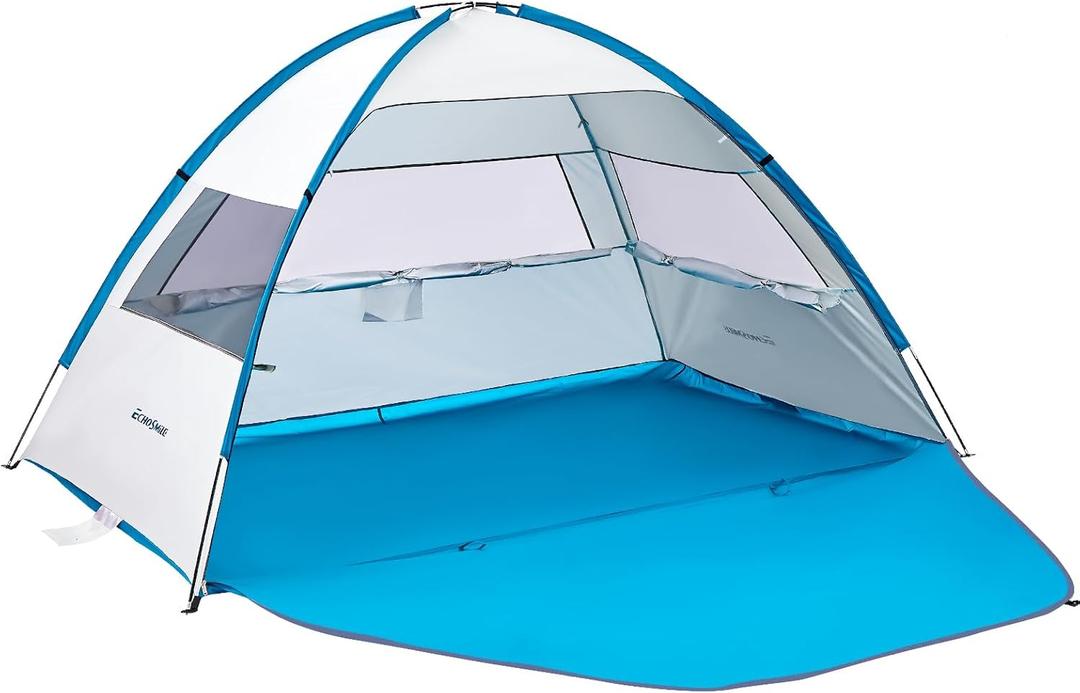 EchoSmile UPF 50+ Beach Tent Sun Shelter for 3/4 Person, Portable Beach Cabana Tent (White & Blue)