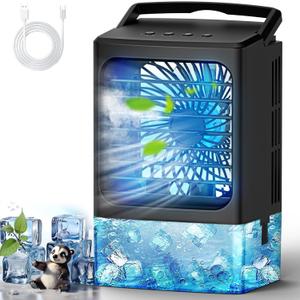 Mini Air Conditioner,Portable Air Conditioners,Evaporative Air Cooler Humidifier, 3 Speed Quiet Personal Cooling Fan, 7-Color LED Night Light, 4/8H Timer for Bedroom, Office, Camping, Car (Black)