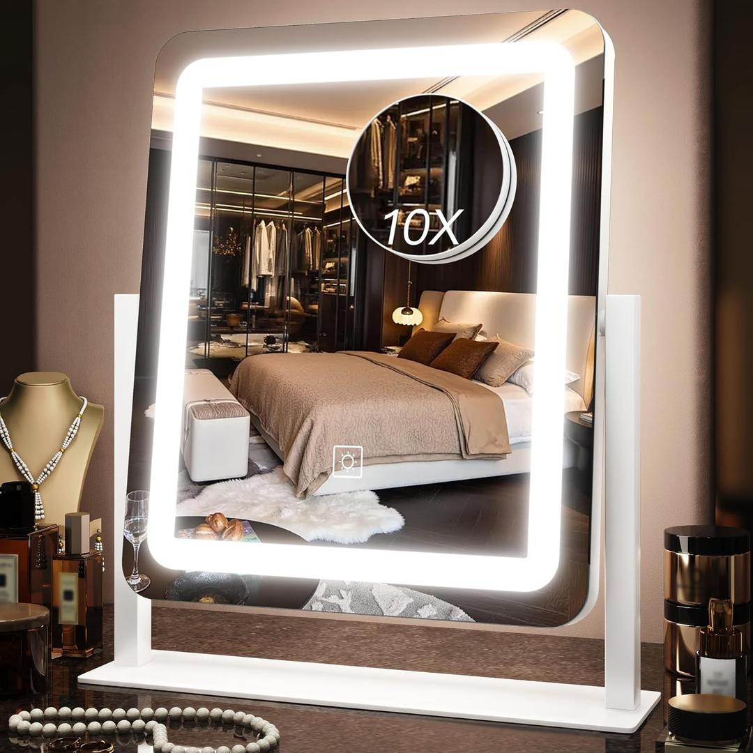 15" x13" Vanity Mirror with Lights, LED Makeup Mirror with Lights,10X Magnification Vanity Mirror with 360Rotation, 3 Color Modes Dimmable Lighted Mirror Makeup for Desk, Travel, White