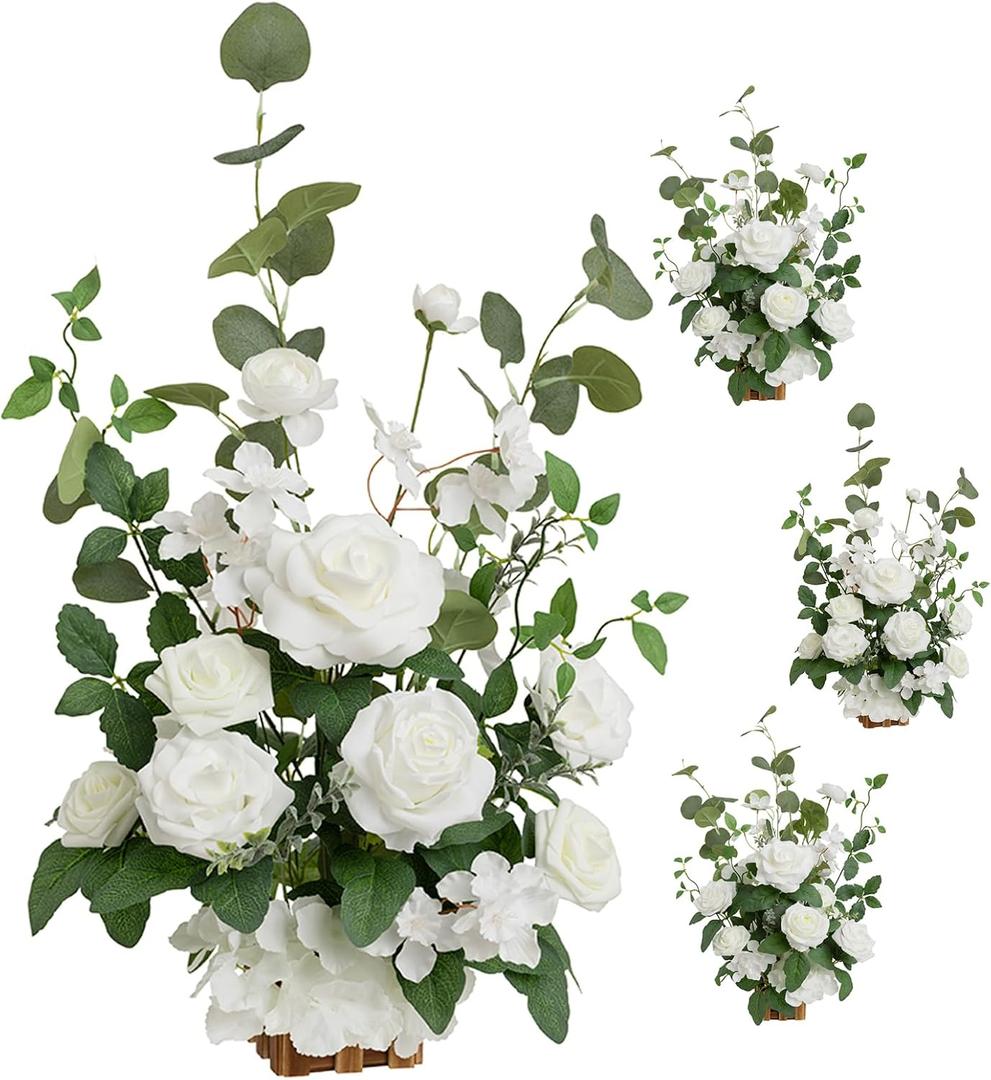 Ling's moment 17.5" Tall Standing Artificial Flowers Arrangements 4 pcs Wedding Aisle Runner Chair Decorations White Sage Centerpieces for Ceremony Reception Rose Floral Party Outdoor Decor
