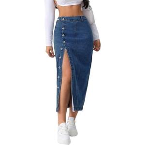 Women's Casual Slit Denim Midi Jean Skirt Stretch High Waisted Button Up Frayed with Pockets.L
