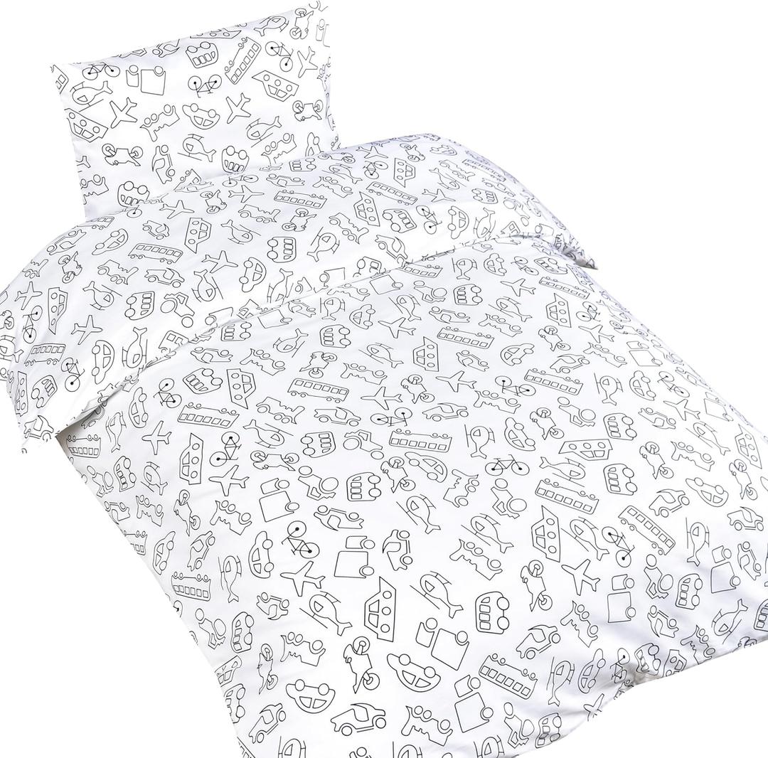 J-pinno Cars Airplane Ships Vehicle Boys Girls Cartoon Duvet Cover + Pillowcase Set, Zipper Closure, 100% Cotton, for Kids Crib Toddler Bedding Decoration Gift (Crib 47" X 59", Transport)