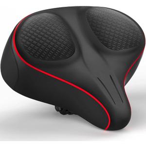 Xmifer Oversized Bike Seat - Comfortable Bicycle Saddle, Middle Groove Design, 2.95" Thick Memory Foam, Universal Fit Indoor Outdoor, Exercise or Road Bikes (Red)