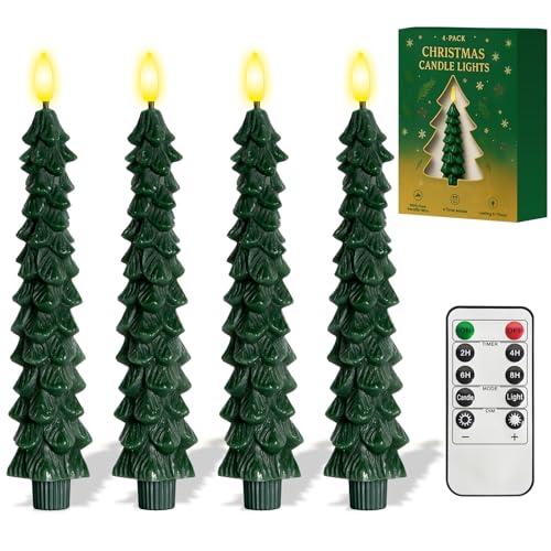 4 Pcs Christmas Tree-Shaped Flameless Taper Candles with Remote and Timer, 9.8'' Real Wax LED Window Candlesticks, 3D Flame Wick Battery Operated Christmas Tree Candles for Holiday Decoration (Green)