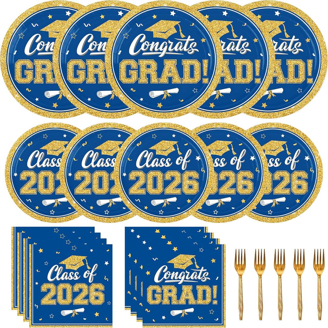 Blue and Gold Graduation Decorations 2026,200Pcs Blue Graduation Plates and Napkins,Forks for Graduation Party Decorations, Class of 2026 Graduation Party Supplies,Serve 50