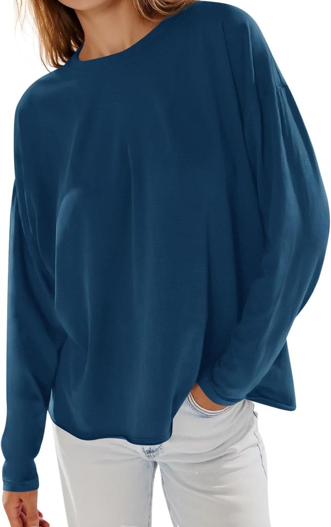 Yousify Womens Long Sleeve Oversized Tshirts Cotton Crewneck Casual Tunic Tops Trendy Loose Fit Basic Tees (Small, Dark Blue)