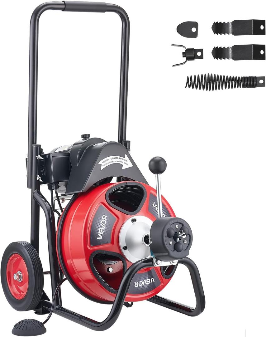 VEVOR Drain Cleaner Machine 100 FT x 1/2 Inch, Auto Feed Sewer Snake Auger on Wheels, Portable Drain Cleaning Machine with 4 Cutters & Air-activated Foot Switch for 2" to 6" Pipes