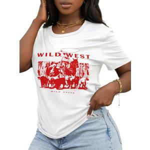 Hilinker Women's Funny Graphic Tees Summer Cute Tops Casual Loose Short Sleeve T Shirts White Red Wild West Small