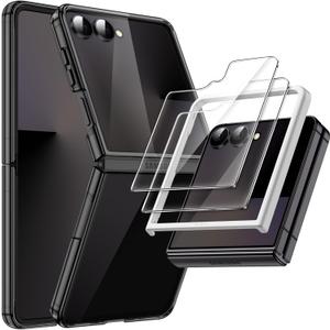 JETech 3 in 1 Case for Samsung Galaxy Z Flip 7 2025 with 2-Pack Tempered Glass Front Screen Protector, Crystal Clear, Anti-Scratch Transparent Hard PC Shell, Protective Phone Cover (Black)