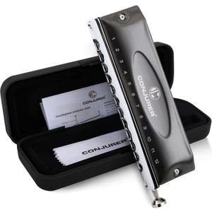 CONJURER Chromatic Harmonica Valveless for Kids Adult Beginners 12 Hole Harmonica Key of C Stainless Steel Mouth Organ with Brass Reed in Case, C Key Black (12-Hole Chromatic)