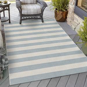 OJIA Washable Area Rugs 4'x6', Blue and White Striped Outdoor Rug Cotton Woven Entryway Rugs Indoor Patio Rugs Carpet Large Area Rugs for Bedroom/Porch/Deck/Backyard/Camping/Living Room (Muted Blue/Beige)