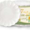WELLIFE 100 Count 7 Inch Scalloped Dessert Plates - Elegant Floral Shape for Cake, Birthday Party, Baby Shower,Wedding - Compostable Bagasse & Leak Resistant, Microwave Safe (White)