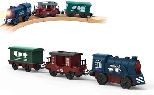 Battery Operated Train for Wooden Track, 3Pcs Motorized Train Toy for 3 4 5+Years Old Boy Girl Toddlers, Electric Trains Compatible with Thomas & Friends, Brio and Chuggington