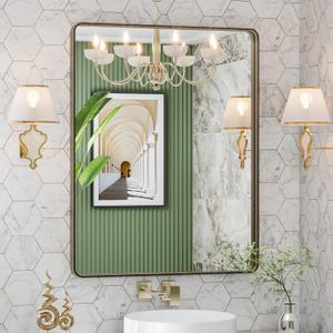 LOAAO 28X36 Bronze Bathroom Mirrors for Vanity, Rounded Rectangle Brushed Bronze Metal Frame Mirror, Anti-Rust, Hangs Horizontally or Vertically