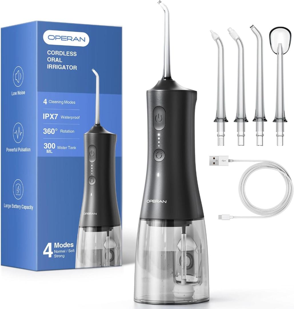 Operan 300ml Cordless Water Dental Flosser, Portable Water Flossers for Teeth, 4 Pulse Modes IPX7 Waterproof Oral Irrigator with 4 Tips, 21 Days Runtime for Travel, Home, Braces, Gum Care, Black+1Pack