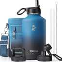 Half Gallon Water Bottle Insulated with Straw & 3 Lids, Coolflask 64 oz Water Jug Large Metal Stainless Steel Wide Mouth for Sports, Gym or Office, Non-BPA Keep Cold 48H Hot 24H, Samurai Cyan