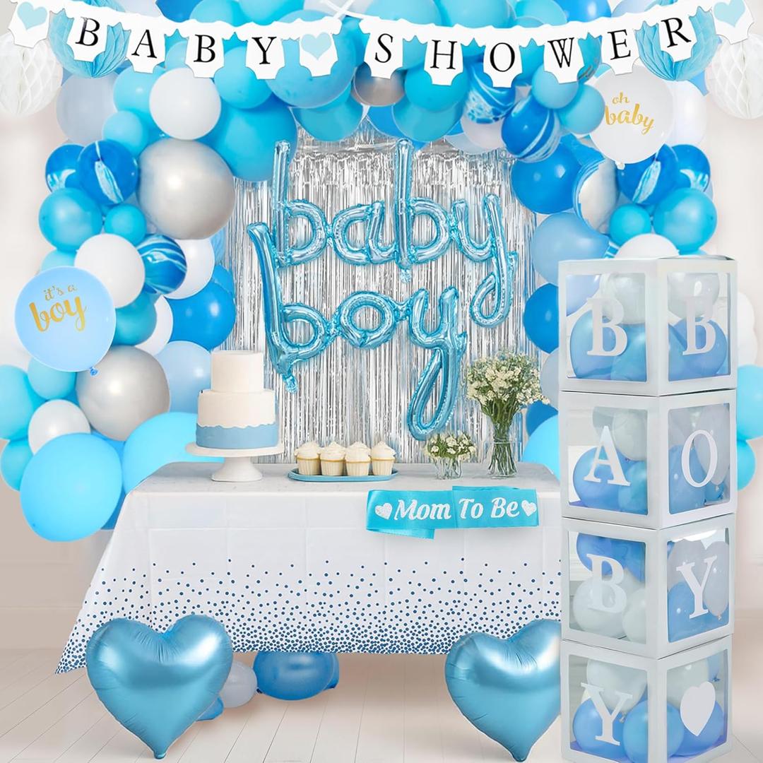 Baby Shower Decorations for Boy - All-in-One Inclusive Baby Boy Shower Blue Decorations JUMBO 165 Pcs Set - Welcome First Birthday Photo Shoot Decor Balloons Arch Boxes with Letters Kit